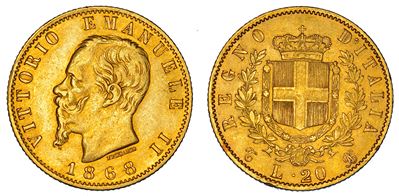 Regno d'Italia, Vittorio Emanuele II di Savoia, 20 Lire 1868, Oro, Torino