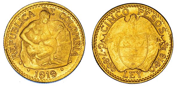 COLOMBIA. REPUBLICA. 5 Pesos 1919.