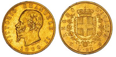 Regno d'Italia, Vittorio Emanuele II di Savoia, 20 Lire 1866, Oro, Torino