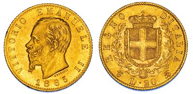 Regno d'Italia, Vittorio Emanuele II di Savoia, 20 Lire 1865, oro, Torino