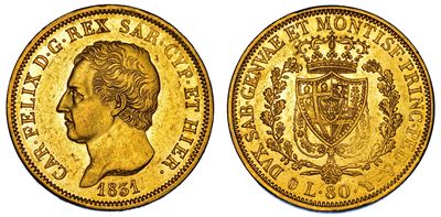 Carlo Felice di Savoia, 80 Lire 1831, oro