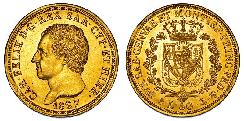 REGNO DI SARDEGNA. CARLO FELICE DI SAVOIA, 1821-1831. 80 Lire 1827. Genova.  - Asta Numismatica - Cambi Casa d'Aste