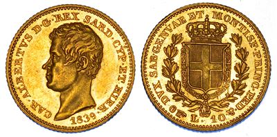 REGNO DI SARDEGNA, Carlo Alberto di Savoia, 10 Lire 1839, Oro