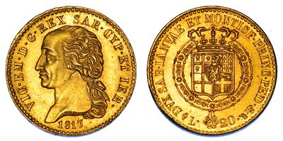 VITTORIO EMANUELE I DI SAVOIA, 20 Lire 1817, Oro, Torino