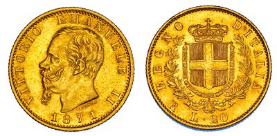 REGNO D'ITALIA, Vittorio Emanuele II di Savoia, 20 Lire 1871, Roma