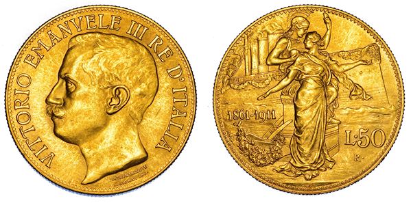 REGNO D’ITALIA. VITTORIO EMANUELE III DI SAVOIA, 1900-1946. 50 Lire 1911. Cinquantenario.
