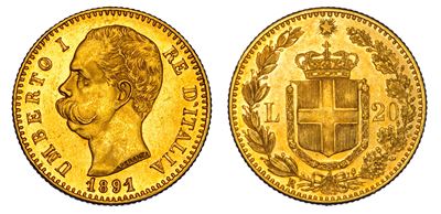 Regno d'Italia, Umberto I di Savoia, 20 Lire 1891, oro