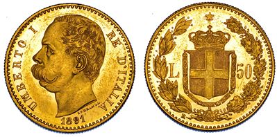 Umberto I di Savoia, 50 Lire 1891, oro