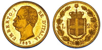 Regno d'Italia, Umberto I di Savoia, 20 Lire 1882, oro