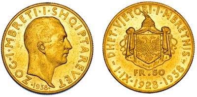 Albania, Zog I – 50 Franga, 1938, Decimo anniversario di regno