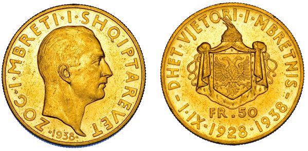 ALBANIA. ZOG I, 1928-1939. 50 Franga 1938. Decimo anniversario di regno.