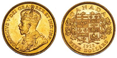 Canada, George V, 5 Dollari, 1912, oro