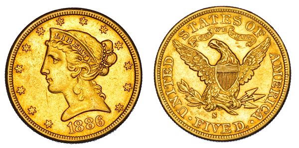 USA. REPUBLIC. 5 Dollars “Coronet Head” 1886. San Francisco.