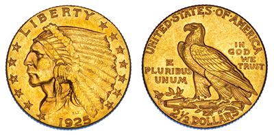 USA, Repubblica. 2,5 Dollari 'Testa di Indiano' 1925, Denver