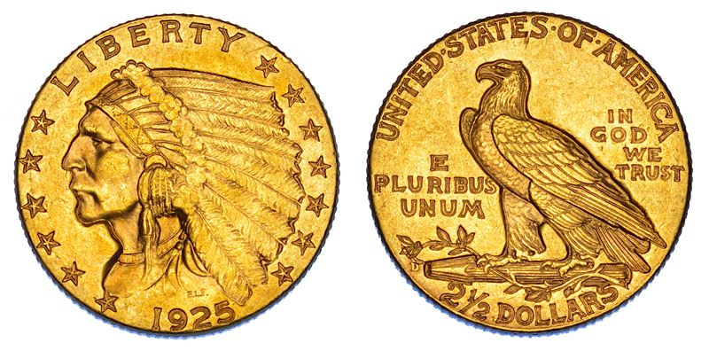 USA. REPUBLIC. 2,5 Dollars "Indian Head" 1925. Denver.  - Asta Numismatica - Cambi Casa d'Aste