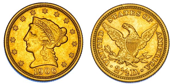 USA. REPUBLIC. 2,5 Dollars “Coronet Head” 1906. Philadephia.