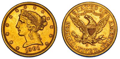 USA. REPUBLIC, 5 Dollars “Coronet Head” 1901, San Francisco, oro