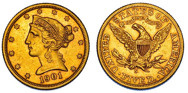 USA. REPUBLIC. 5 Dollars “Coronet Head” 1901. San Francisco.