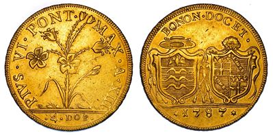 STATO PONTIFICIO, Pio VI (Giannangelo Braschi), 1775-1799, 4 Doppie 1787/A, Bologna, oro