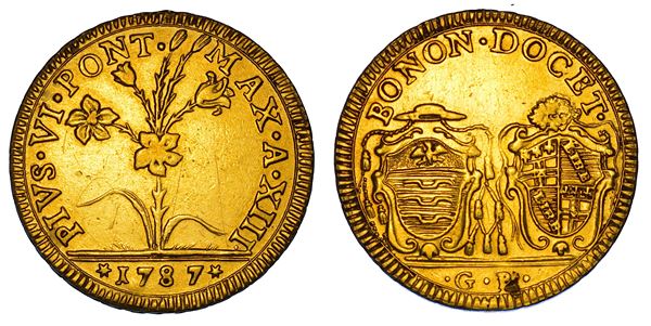 STATO PONTIFICIO. PIO VI (Giannangelo Braschi), 1775-1799. Da 2 Doppie romane 1787/A. XIII. Bologna.