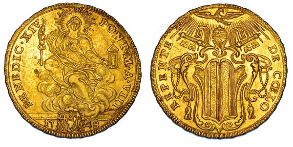 STATO PONTIFICIO. BENEDETTO XIV (Prospero Lorenzo Lambertini), 1740-1758.  Doppio Zecchino 1748/A. VIII. Roma.