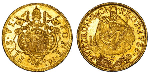 STATO PONTIFICIO. PIO VI (Giannangelo Braschi), 1775-1799. Doppio Zecchino 1786. Bologna.