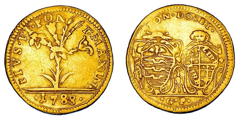 STATO PONTIFICIO. PIO VI (Giannangelo Braschi), 1775-1799. Mezza Doppia romana 1788. Bologna.  - Auction Numismatics - Cambi Casa d'Aste