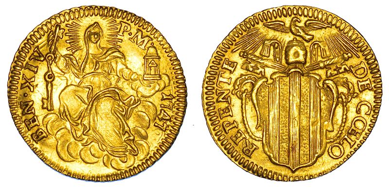 STATO PONTIFICIO. BENEDETTO XIV (Prospero Lorenzo Lambertini), 1740-1758. Mezzo Zecchino 1747. Roma.  - Auction Numismatics - Cambi Casa d'Aste