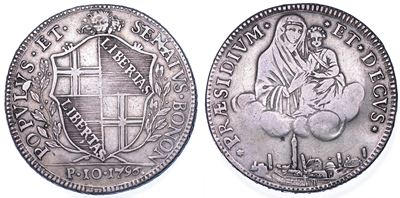 Bologna, Scudo da 10 Paoli, 1796-1797. Testa di leone e Beata Vergine col Bambino