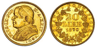 Stato Pontificio, Pio IX (Giovanni Maria Mastai Ferretti), 20 Lire 1870/A, oro