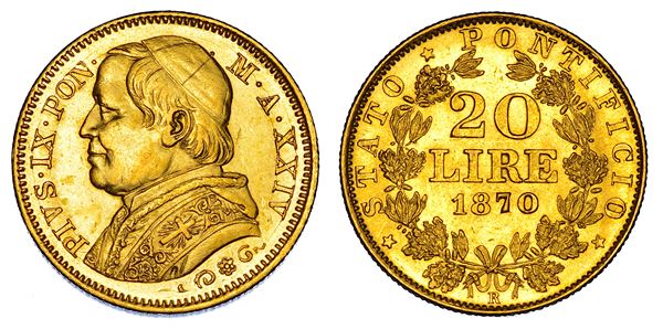 STATO PONTIFICIO. PIO IX (Giovanni Maria Mastai Ferretti), 1846-1878. 20 Lire 1870/A. XXIV. Roma.