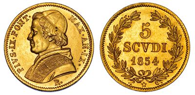 PIO IX (Giovanni Maria Mastai Ferretti), Moneta da 5 Scudi 1854/A, Roma