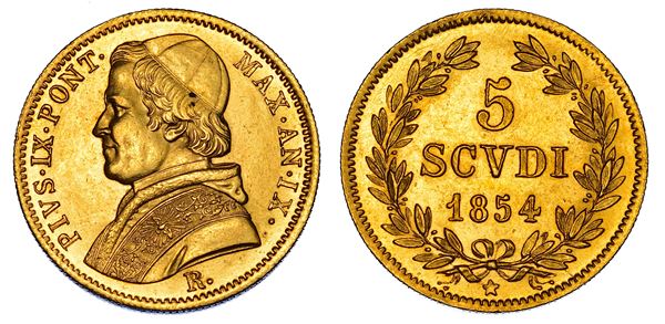 STATO PONTIFICIO. PIO IX (Giovanni Maria Mastai Ferretti), 1846-1878. 5 Scudi 1854/A. IX. Roma.
