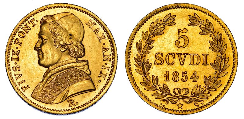STATO PONTIFICIO. PIO IX (Giovanni Maria Mastai Ferretti), 1846-1878. 5 Scudi 1854/A. IX. Roma.  - Auction Numismatics - Cambi Casa d'Aste