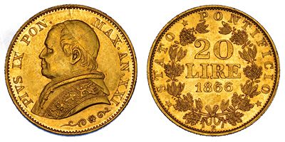 Pio IX (Giovanni Maria Mastai Ferretti), Moneta da 20 Lire, 1866/A, Stato Pontificio