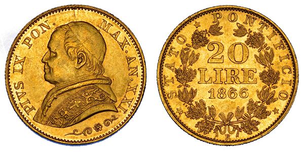 STATO PONTIFICIO. PIO IX (Giovanni Maria Mastai Ferretti), 1846-1878. 20 Lire 1866/A. XXI. Roma.