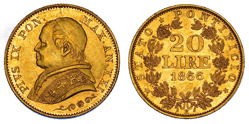 STATO PONTIFICIO. PIO IX (Giovanni Maria Mastai Ferretti), 1846-1878. 20 Lire 1866/A. XXI. Roma.  - Asta Numismatica - Cambi Casa d'Aste
