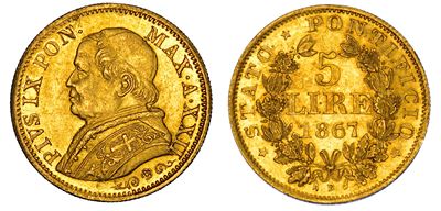 Stato Pontificio, 5 Lire 1867/A, Pio IX (Giovanni Maria Mastai Ferretti)