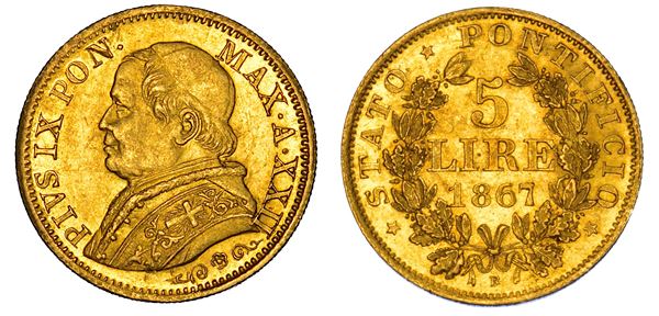 STATO PONTIFICIO. PIO IX (Giovanni Maria Mastai Ferretti), 1846-1878. 5 Lire 1867/A. XXII. Roma.