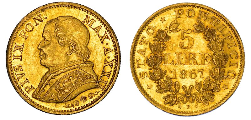 STATO PONTIFICIO. PIO IX (Giovanni Maria Mastai Ferretti), 1846-1878. 5 Lire 1867/A. XXII. Roma.  - Auction Numismatics - Cambi Casa d'Aste