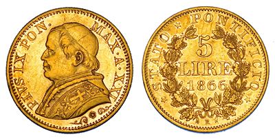 Stato Pontificio, Pio IX (Giovanni Maria Mastai Ferretti), 5 Lire 1866/A, Roma