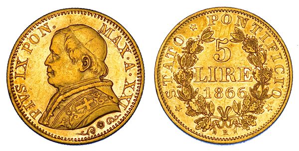 STATO PONTIFICIO. PIO IX (Giovanni Maria Mastai Ferretti), 1846-1878. 5 Lire 1866/A. XXI. Roma.