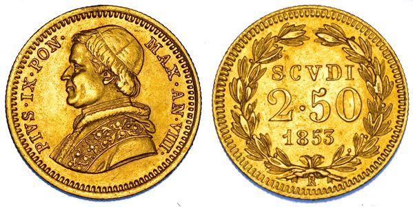STATO PONTIFICIO. PIO IX (Giovanni Maria Mastai Ferretti), 1846-1878. 2,5 Scudi 1853/A. VIII. Roma