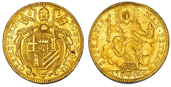 STATO PONTIFICIO. CLEMENTE XIII (Carlo Rezzonico), 1758-1769. Doppio Zecchino 1766/A. VIII. Roma.