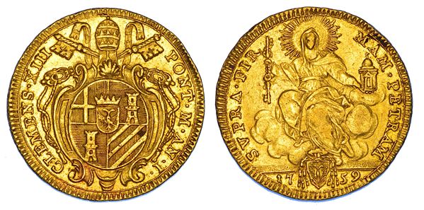 STATO PONTIFICIO. CLEMENTE XIII (Carlo Rezzonico), 1758-1769. Doppio Zecchino 1759/A. I. Roma.