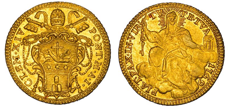 STATO PONTIFICIO. CLEMENTE XIV (Gian Vincenzo Antonio Ganganelli), 1769-1774. Zecchino 1769/A. I. Roma.  - Auction Numismatics - Cambi Casa d'Aste