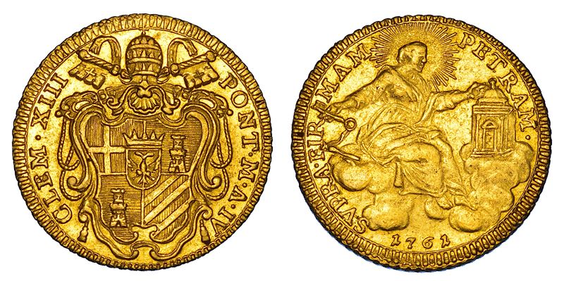 STATO PONTIFICIO. CLEMENTE XIII (Carlo Rezzonico), 1758-1769. Zecchino 1761/A. IV. Roma.  - Auction Numismatics - Cambi Casa d'Aste