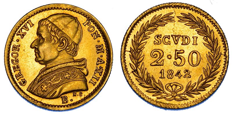 STATO PONTIFICIO. GREGORIO XVI (Bartolomeo Alberto Cappellari), 1831-1846. 2,5 Scudi 1842/A. XII. Bologna.  - Auction Numismatics - Cambi Casa d'Aste
