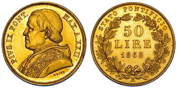 STATO PONTIFICIO. PIO IX (Giovanni Maria Mastai Ferretti), 1846-1878. 50 Lire 1868/A. XXII. Roma.