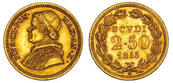 STATO PONTIFICIO. PIO IX (Giovanni Maria Mastai Ferretti), 1846-1878. 2,5 Scudi 1855/A. X. Roma.